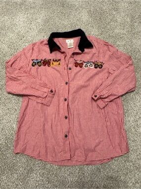 Bobbie Brooks Red Checkered Button-Down Shirt with Embroidered Mittens